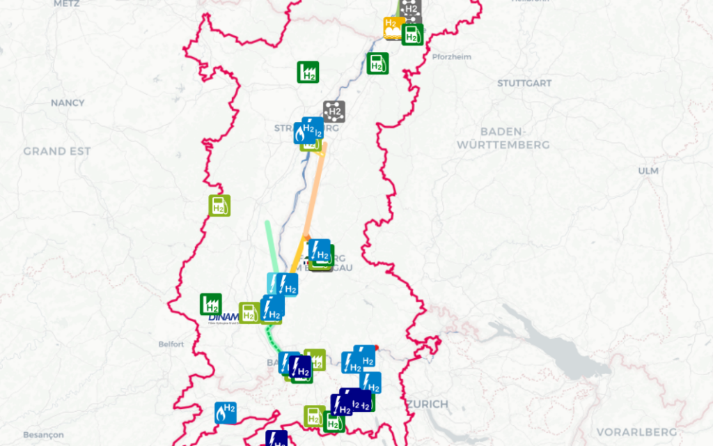 Projet CO2-Inno : carte interactive des projets et installations d'hydrogène dans la région du Rhin supérieur